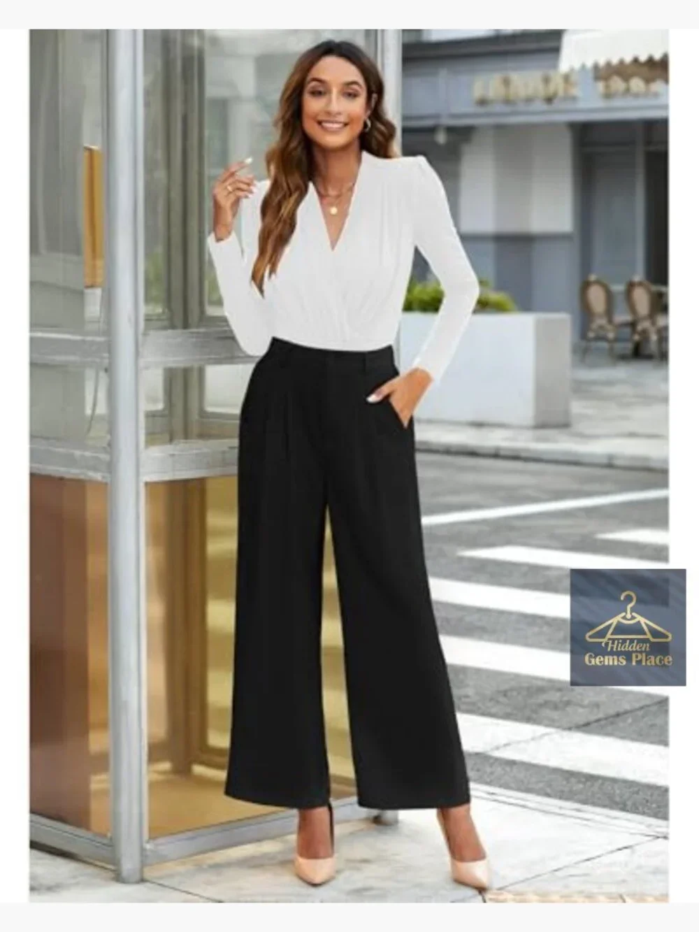 High Waisted Wide Leg Work Pants Polyester Stretch Business Casual - Picture 5 of 7